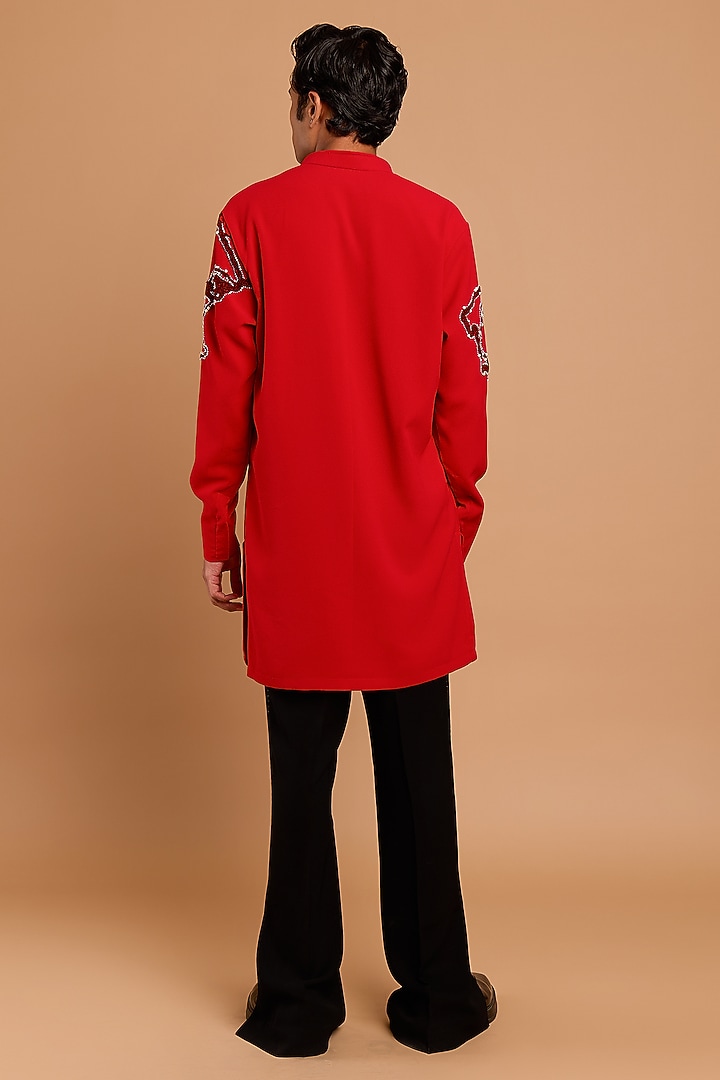 Red Poly Crepe Handwork Kurta by Rohit Doshi at Pernia's Pop Up Shop