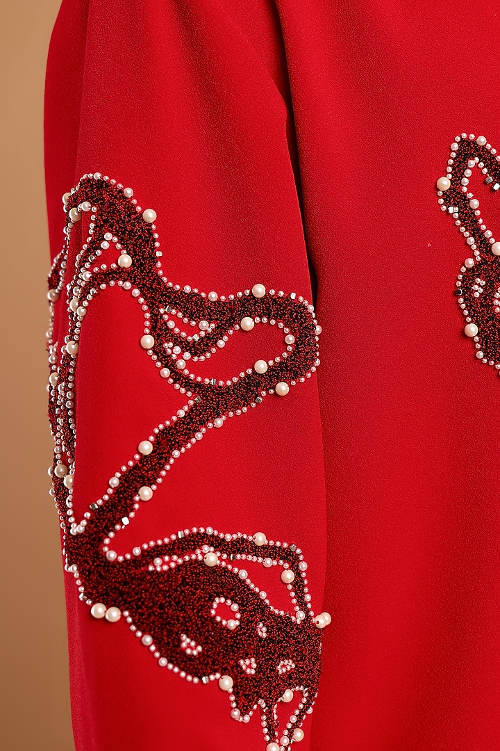 Red Poly Crepe Handwork Kurta by Rohit Doshi at Pernia's Pop Up Shop