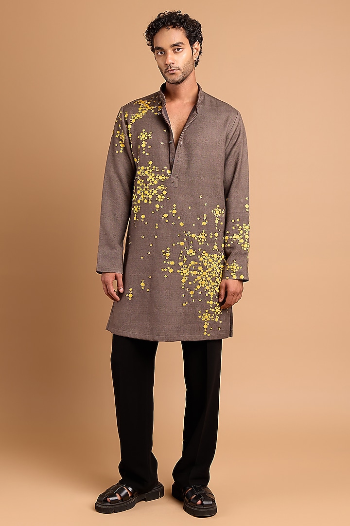 Dark Grey Cotton Crepe Rayon Handwork Kurta by Rohit Doshi at Pernia's Pop Up Shop