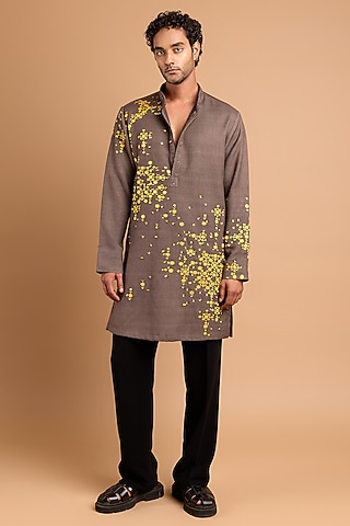 Dark Grey Cotton Crepe Rayon Handwork Kurta by Rohit Doshi