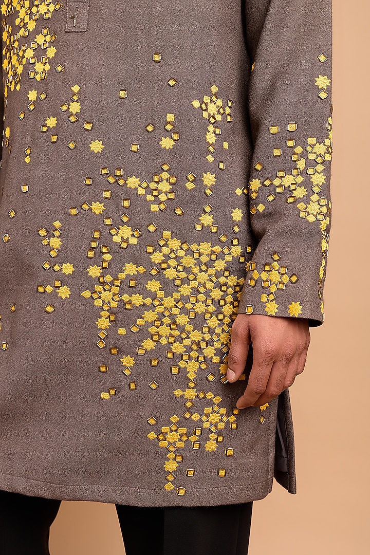 Dark Grey Cotton Crepe Rayon Handwork Kurta by Rohit Doshi at Pernia's Pop Up Shop