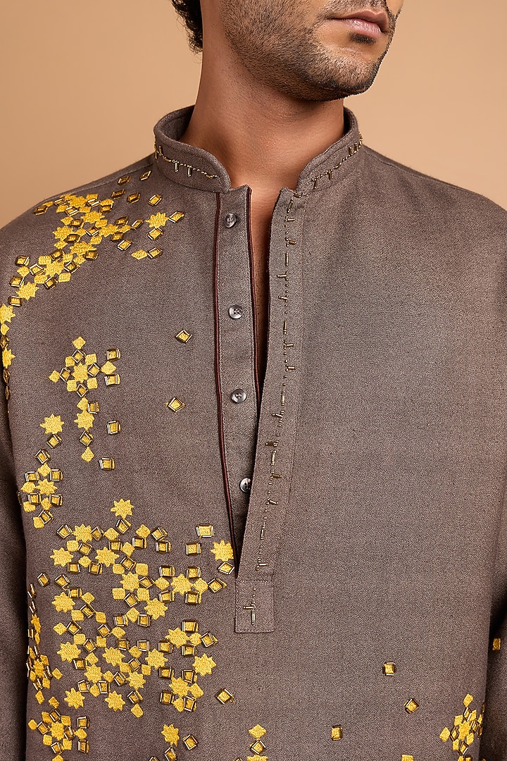 Dark Grey Cotton Crepe Rayon Handwork Kurta by Rohit Doshi at Pernia's Pop Up Shop