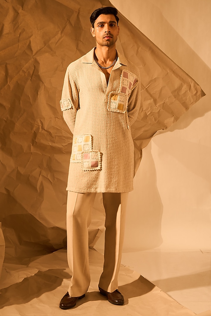 Beige Textured Fabric Handwork Kurta by Rohit Doshi at Pernia's Pop Up Shop