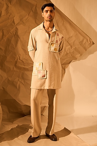 Beige Textured Fabric Handwork Kurta by Rohit Doshi