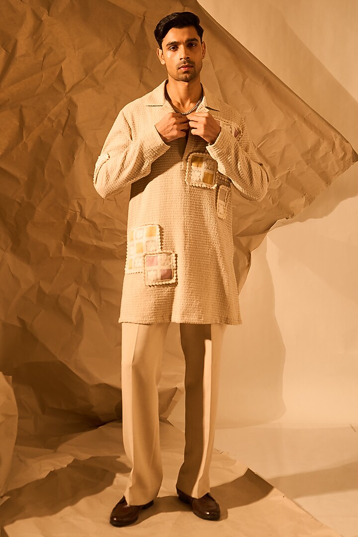 Beige Textured Fabric Handwork Kurta by Rohit Doshi at Pernia's Pop Up Shop
