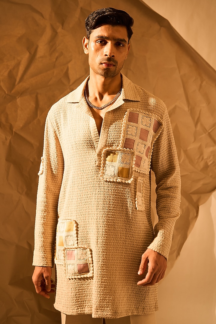 Beige Textured Fabric Handwork Kurta by Rohit Doshi at Pernia's Pop Up Shop