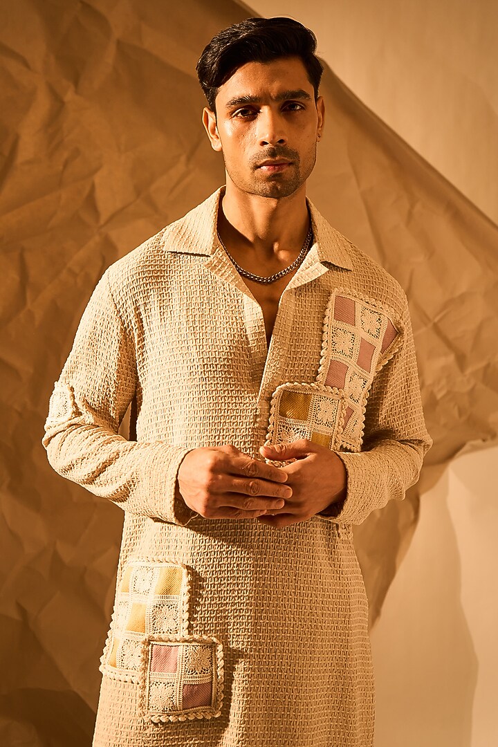 Beige Textured Fabric Handwork Kurta by Rohit Doshi at Pernia's Pop Up Shop