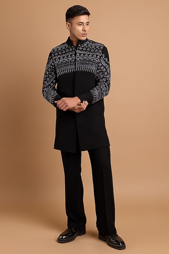Black Crepe Handwork Bundi Jacket Set by Rohit Doshi at Pernia's Pop Up Shop