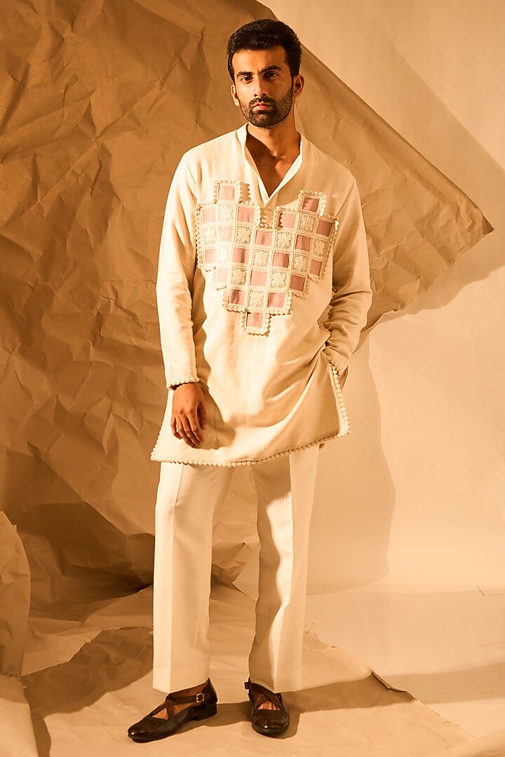 Cream Kolkata Handloom Matka Weaved Handwork Kurta by Rohit Doshi at Pernia's Pop Up Shop