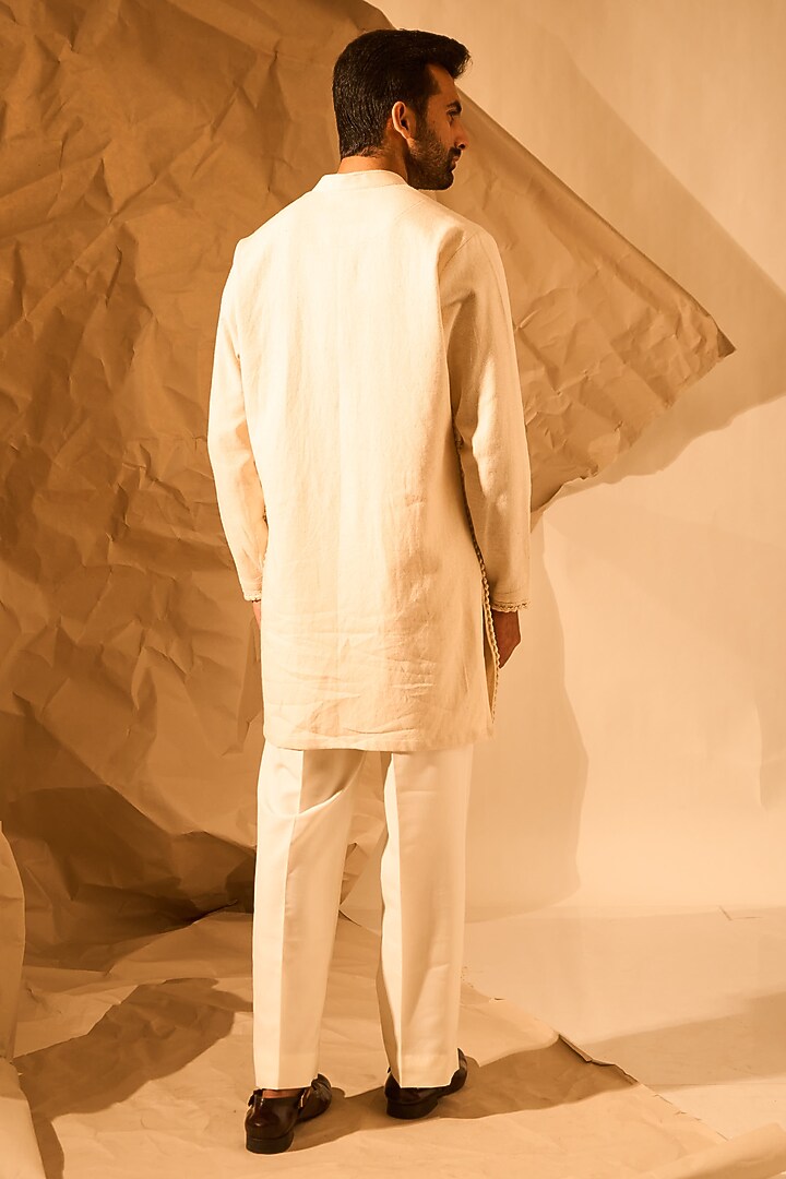 Cream Kolkata Handloom Matka Weaved Handwork Kurta by Rohit Doshi at Pernia's Pop Up Shop