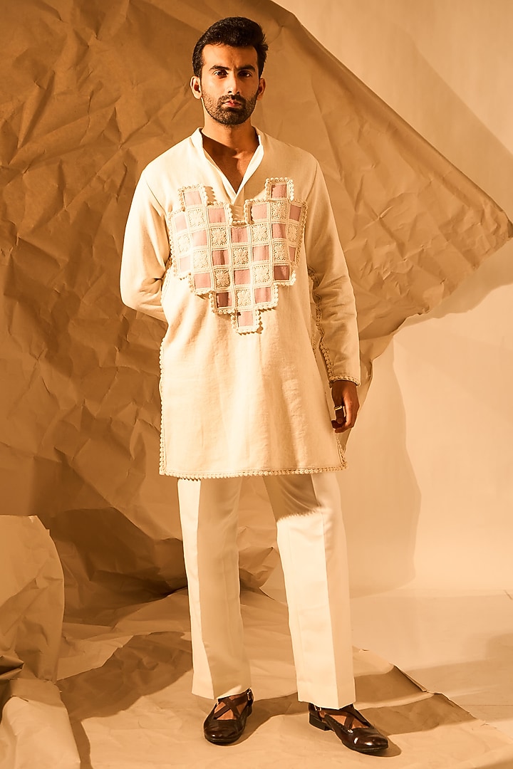 Cream Kolkata Handloom Matka Weaved Handwork Kurta by Rohit Doshi at Pernia's Pop Up Shop