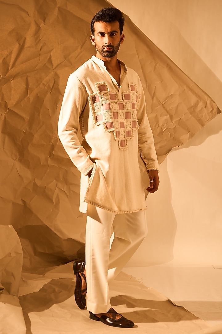 Cream Kolkata Handloom Matka Weaved Handwork Kurta by Rohit Doshi at Pernia's Pop Up Shop