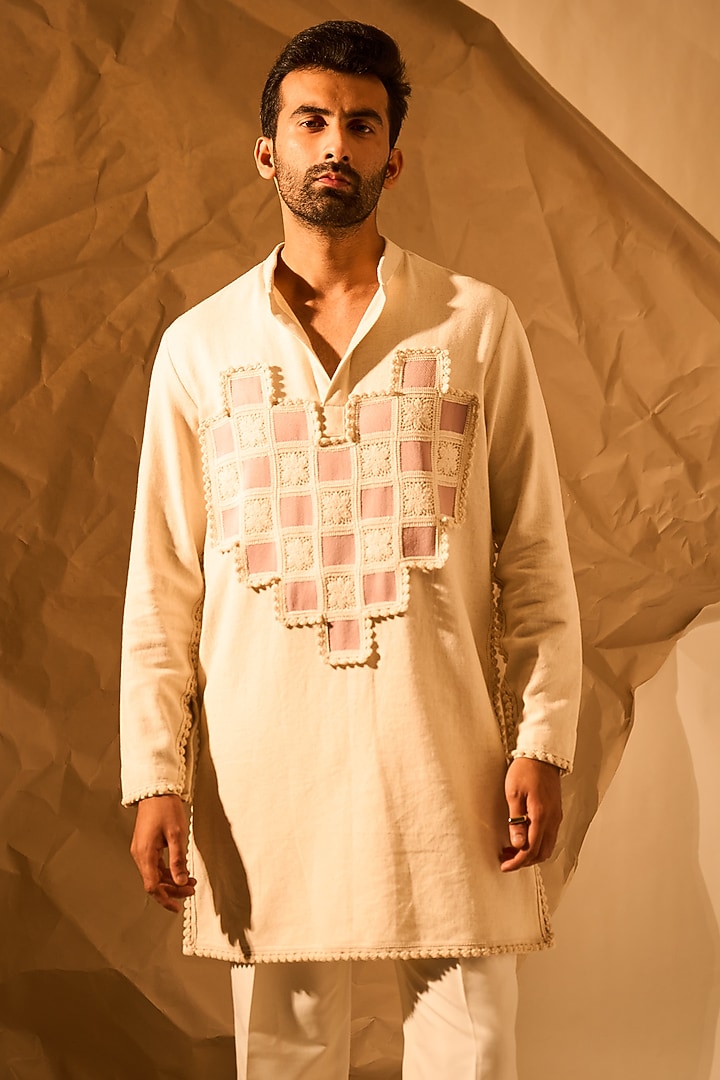 Cream Kolkata Handloom Matka Weaved Handwork Kurta by Rohit Doshi at Pernia's Pop Up Shop