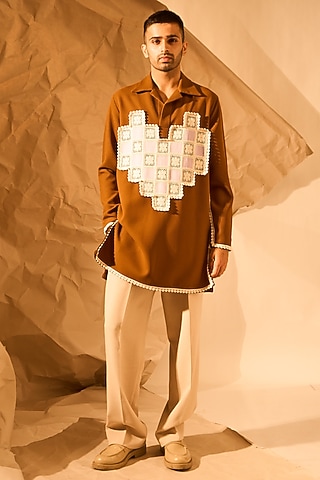 Mustard Knit Handwork Kurta by Rohit Doshi