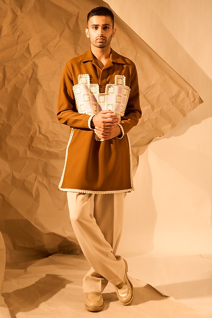 Mustard Knit Handwork Kurta by Rohit Doshi at Pernia's Pop Up Shop