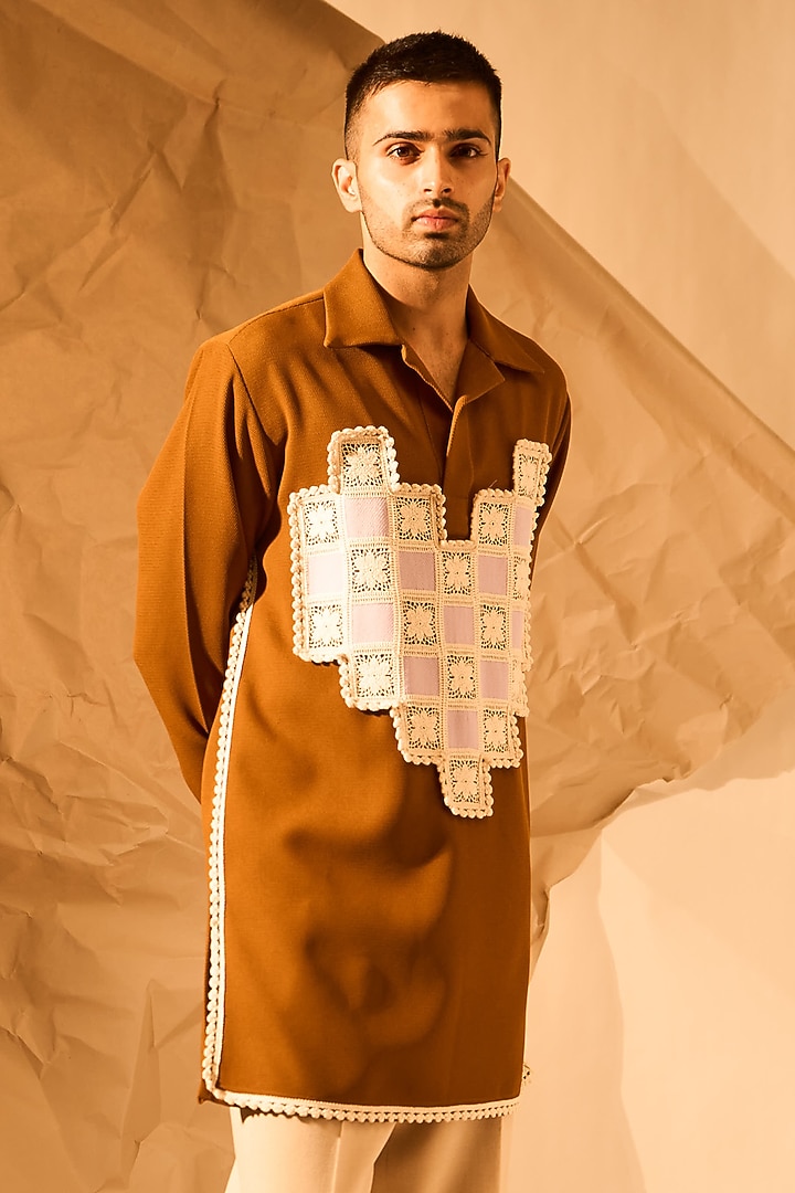 Mustard Knit Handwork Kurta by Rohit Doshi at Pernia's Pop Up Shop