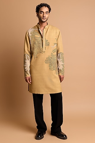 Mustard Green Cotton Crepe Rayon Handwork Kurta by Rohit Doshi
