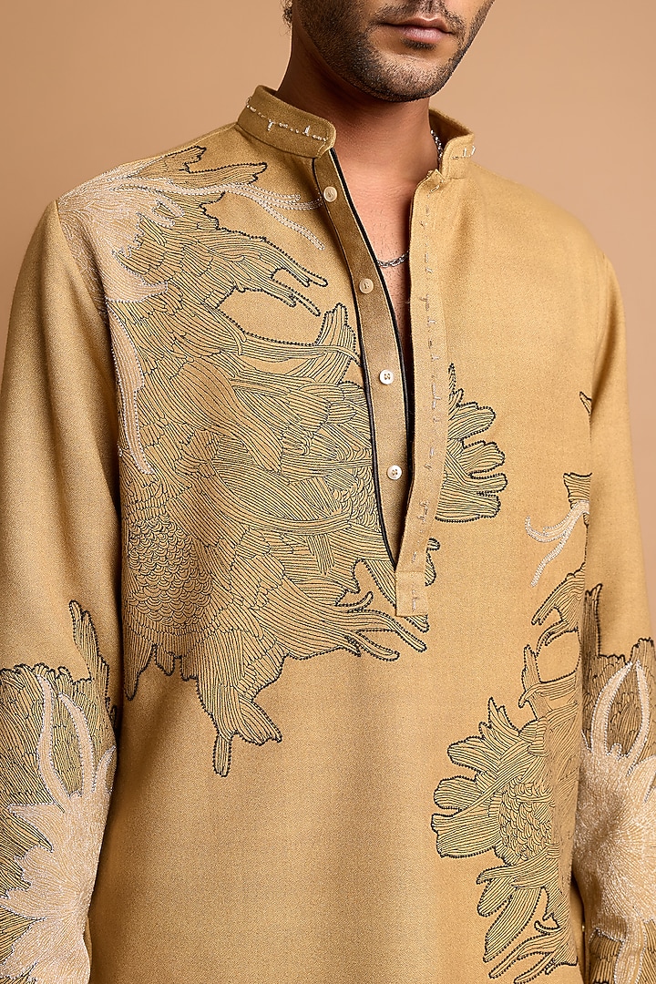 Mustard Green Cotton Crepe Rayon Handwork Kurta by Rohit Doshi at Pernia's Pop Up Shop