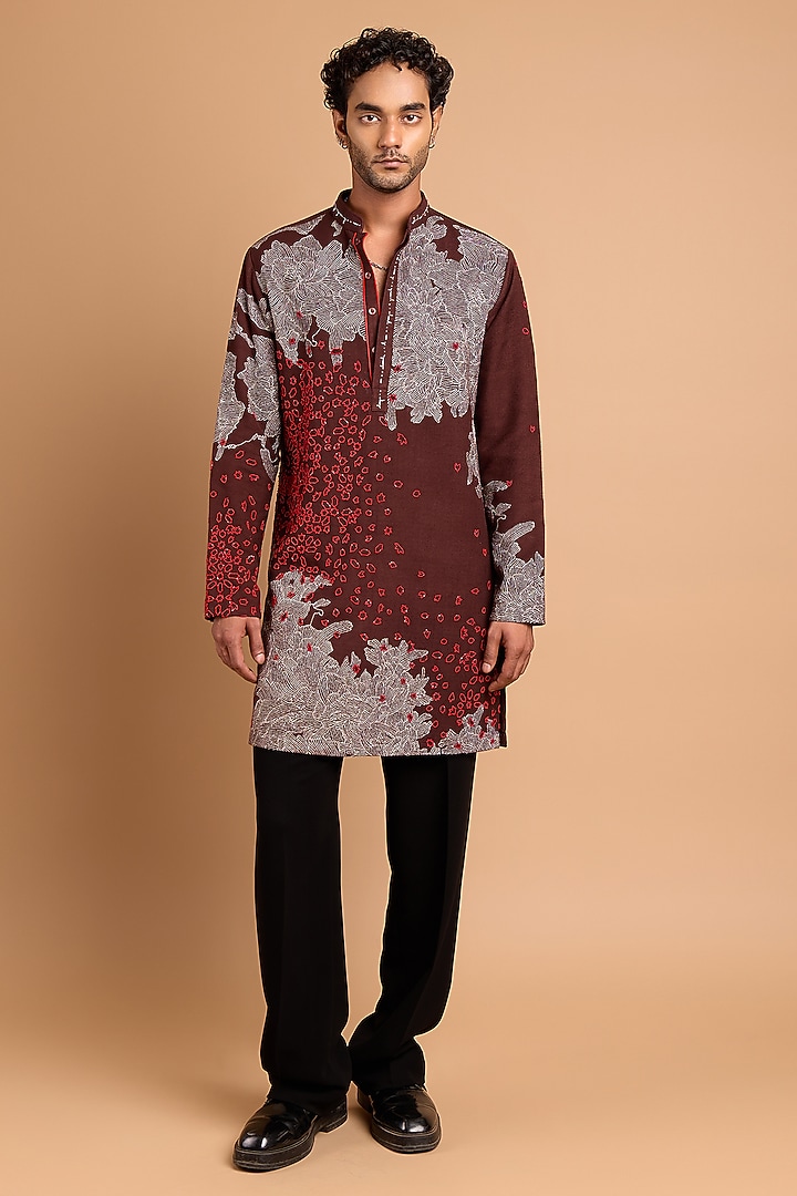 Dark Brown Cotton Crepe Rayon Handwork Kurta by Rohit Doshi at Pernia's Pop Up Shop