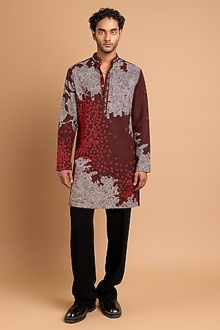 Dark Brown Cotton Crepe Rayon Handwork Kurta by Rohit Doshi