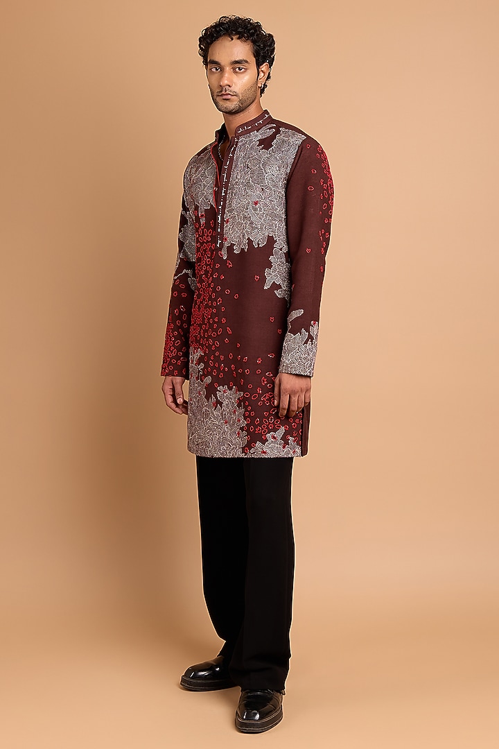 Dark Brown Cotton Crepe Rayon Handwork Kurta by Rohit Doshi at Pernia's Pop Up Shop