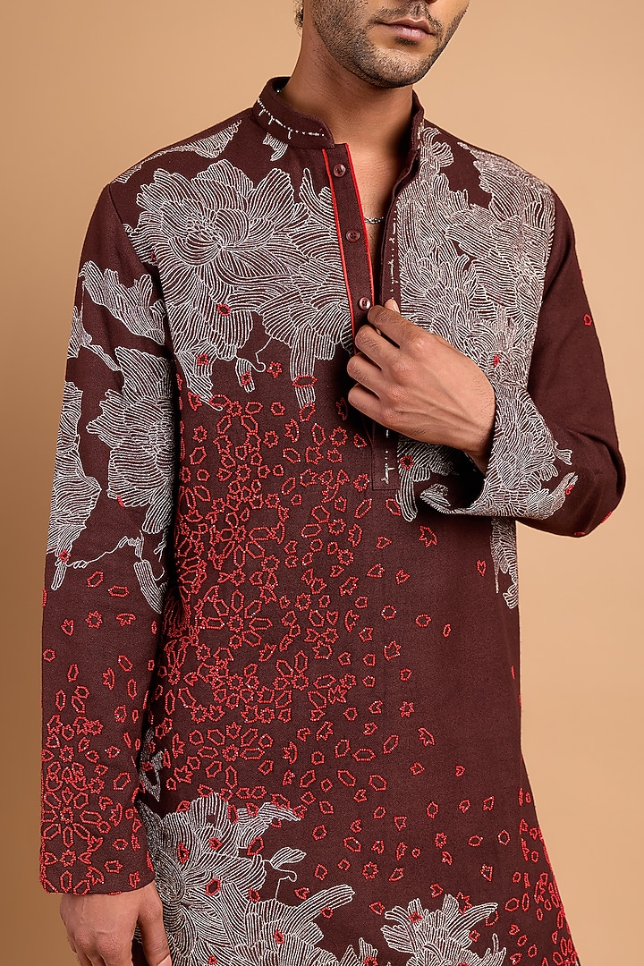 Dark Brown Cotton Crepe Rayon Handwork Kurta by Rohit Doshi at Pernia's Pop Up Shop