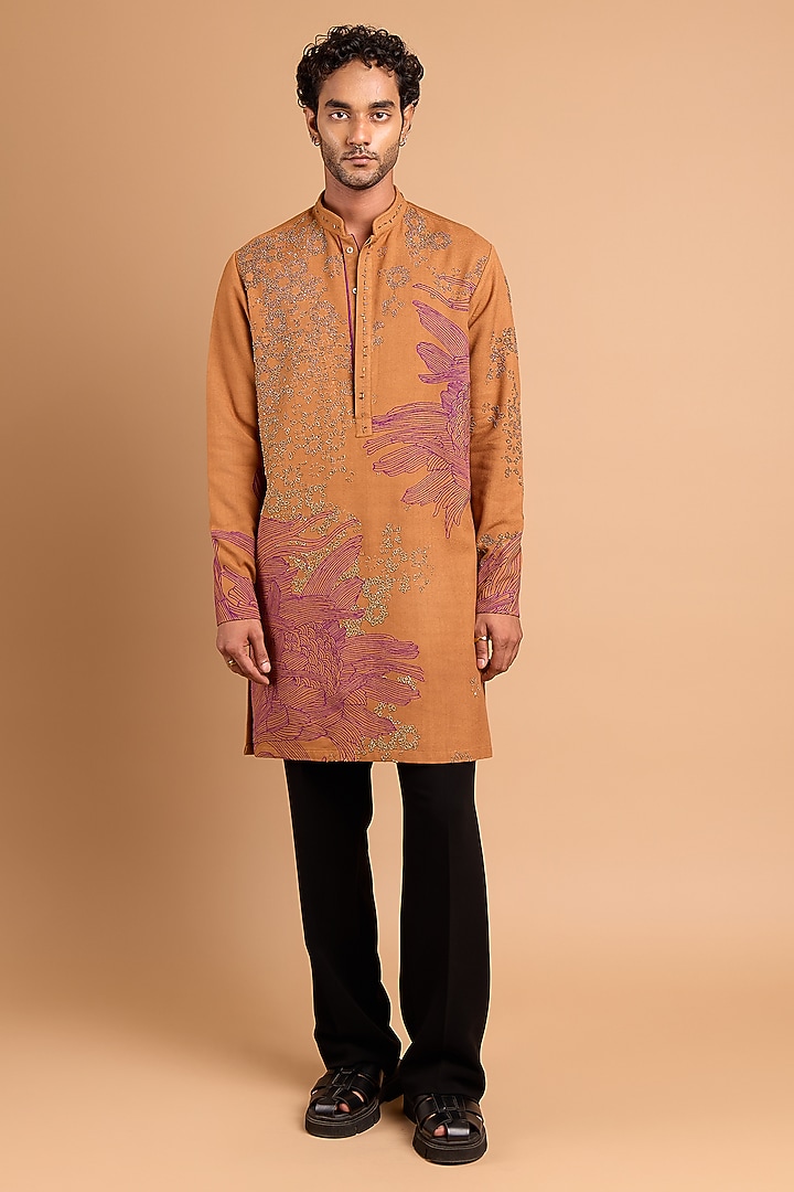 Brown Cotton Crepe Rayon Handwork Kurta by Rohit Doshi at Pernia's Pop Up Shop