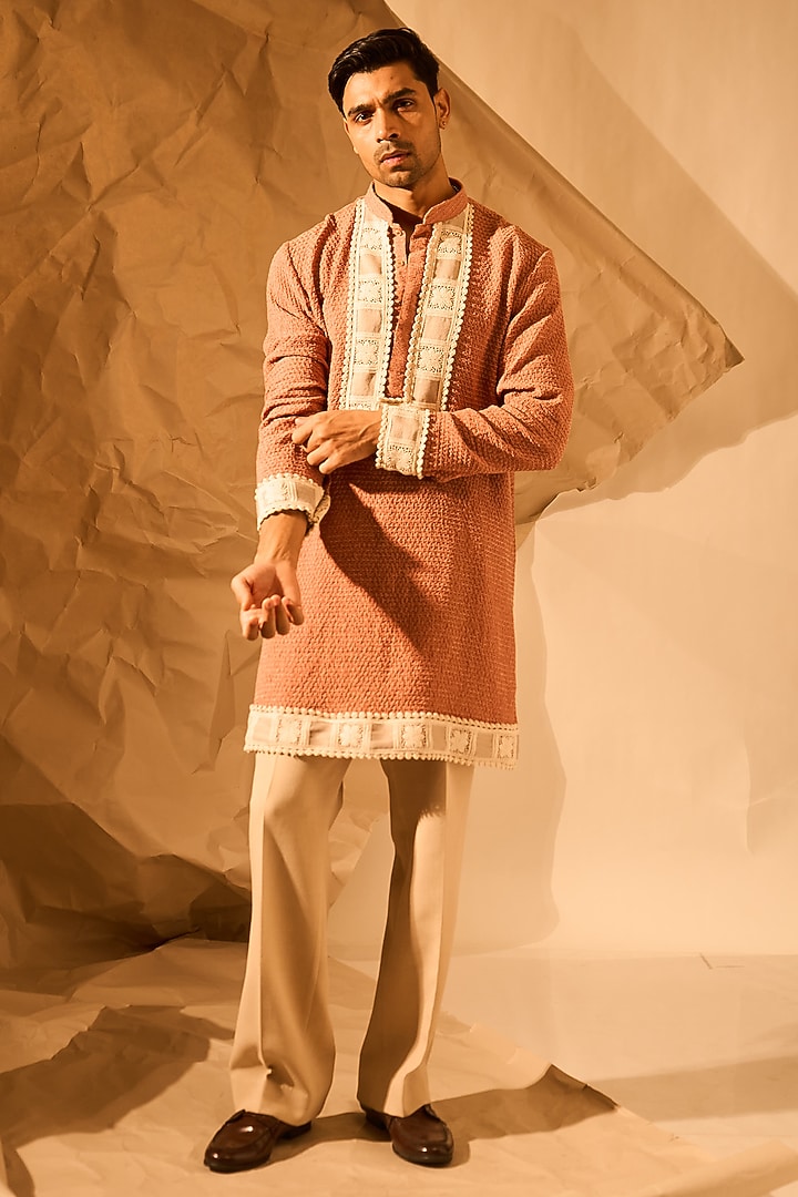 Peach Textured Fabric Handwork Kurta by Rohit Doshi at Pernia's Pop Up Shop