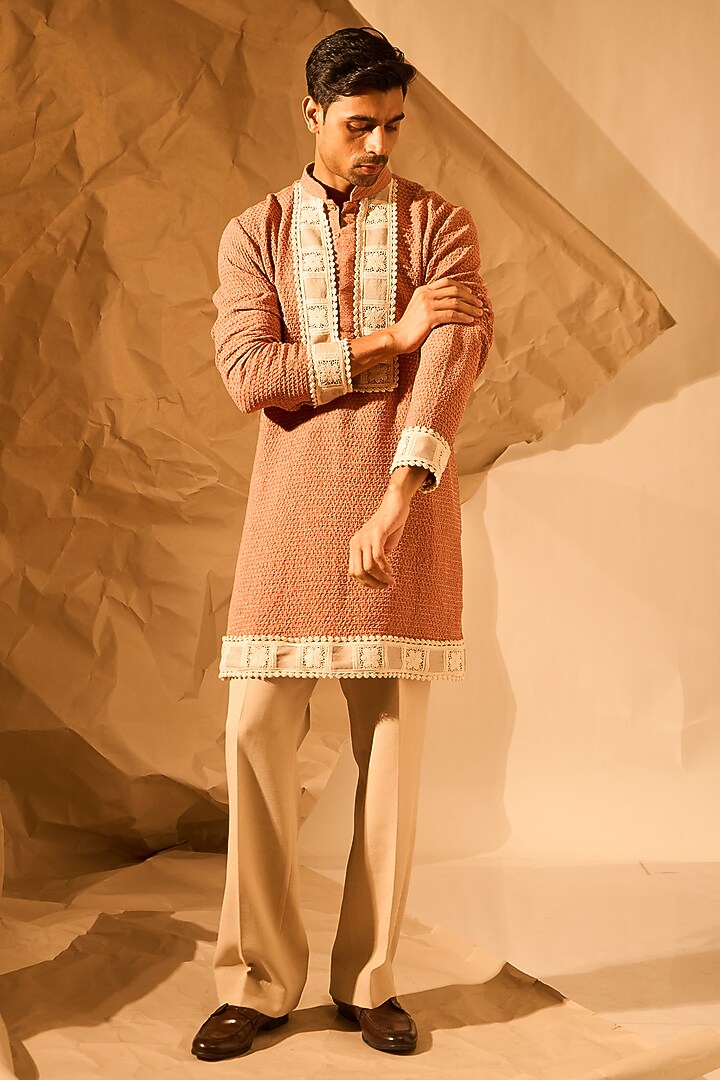 Peach Textured Fabric Handwork Kurta by Rohit Doshi at Pernia's Pop Up Shop