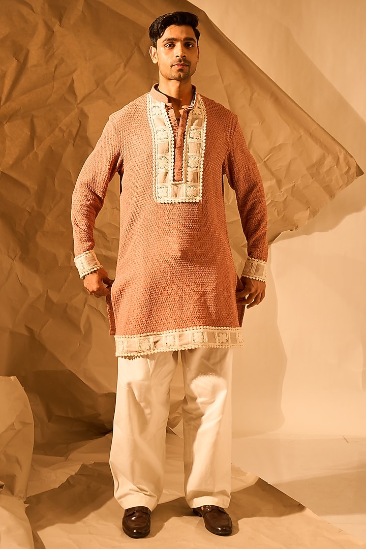 Peach Textured Fabric Handwork Kurta by Rohit Doshi at Pernia's Pop Up Shop