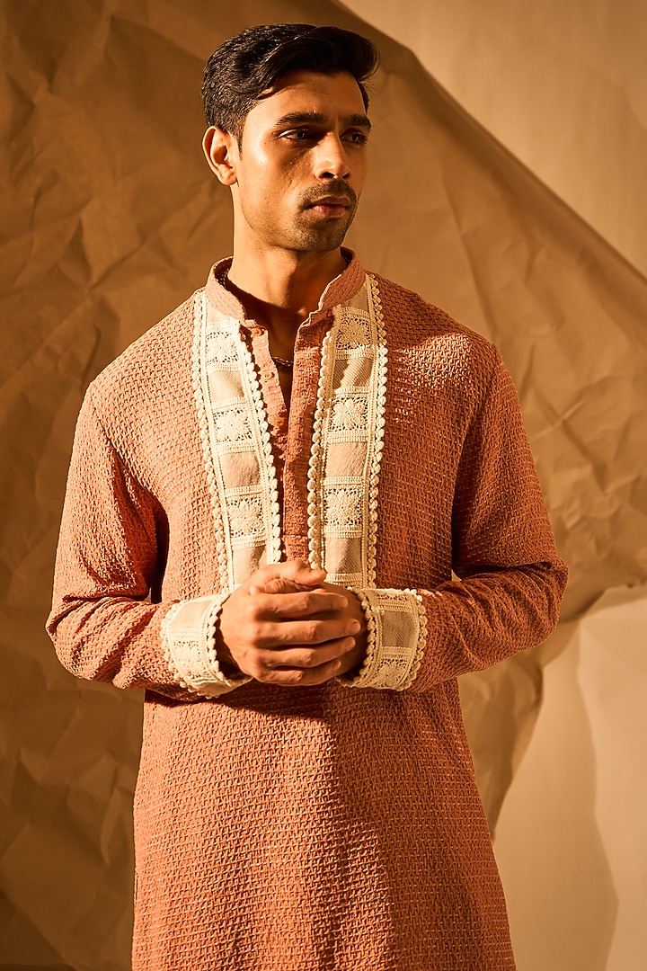 Peach Textured Fabric Handwork Kurta by Rohit Doshi at Pernia's Pop Up Shop