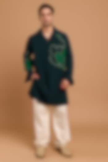 Bottle Green Poly Crepe Handwork Kurta by Rohit Doshi at Pernia's Pop Up Shop