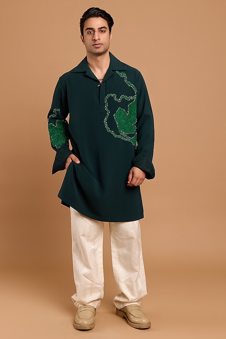 Bottle Green Poly Crepe Handwork Kurta by Rohit Doshi at Pernia's Pop Up Shop