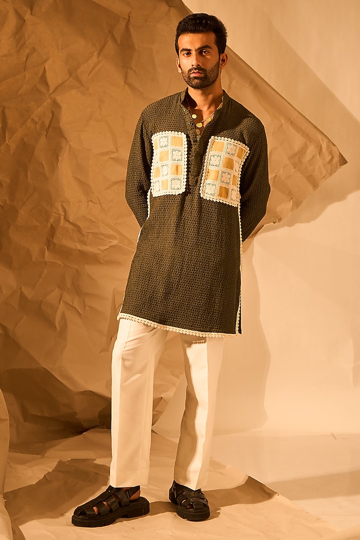 Olive Green Textured Fabric Handwork Kurta by Rohit Doshi at Pernia's Pop Up Shop