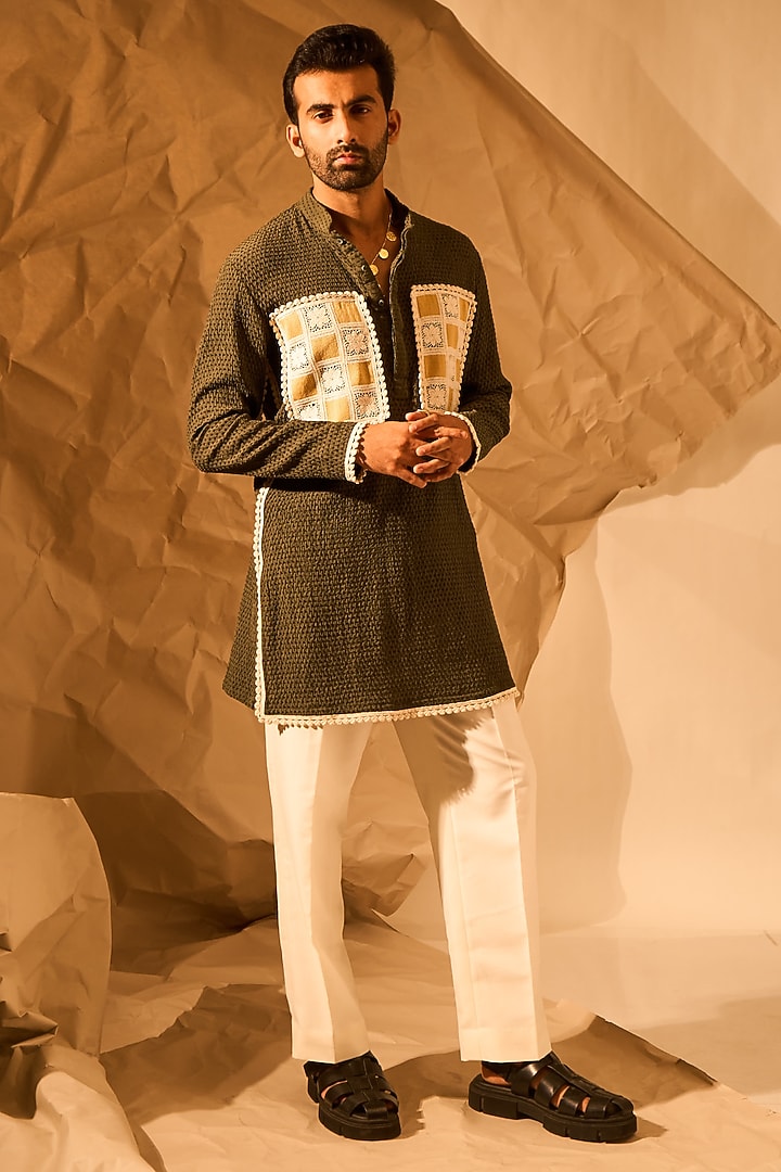 Olive Green Textured Fabric Handwork Kurta by Rohit Doshi at Pernia's Pop Up Shop
