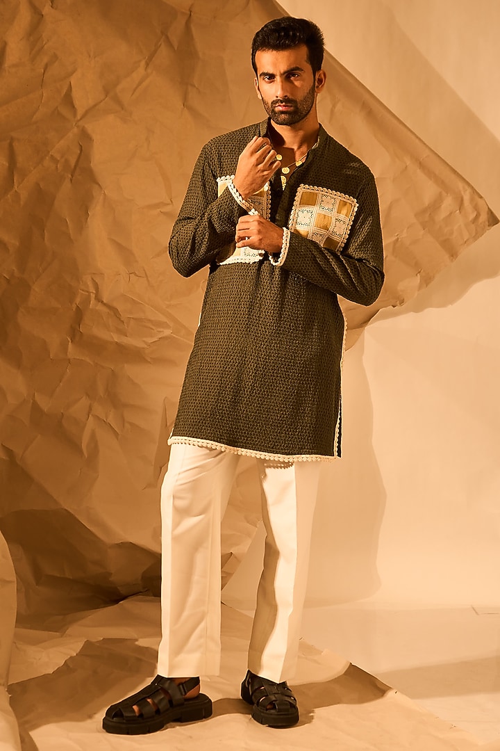 Olive Green Textured Fabric Handwork Kurta by Rohit Doshi at Pernia's Pop Up Shop