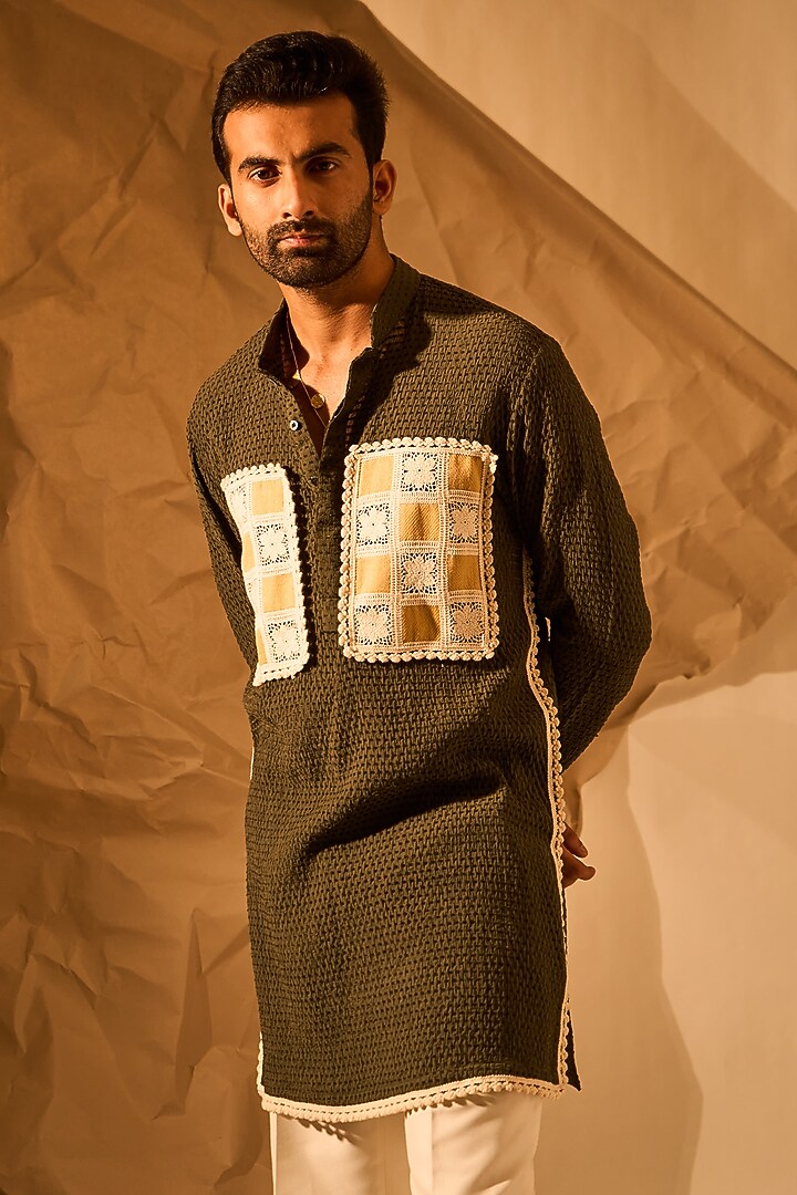 Olive Green Textured Fabric Handwork Kurta by Rohit Doshi at Pernia's Pop Up Shop
