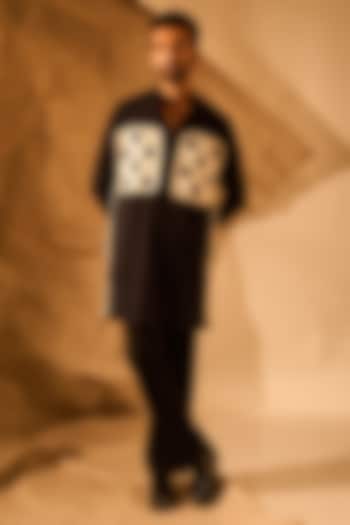 Navy Blue Lachka & Armani Fabric Handwork Kurta by Rohit Doshi at Pernia's Pop Up Shop