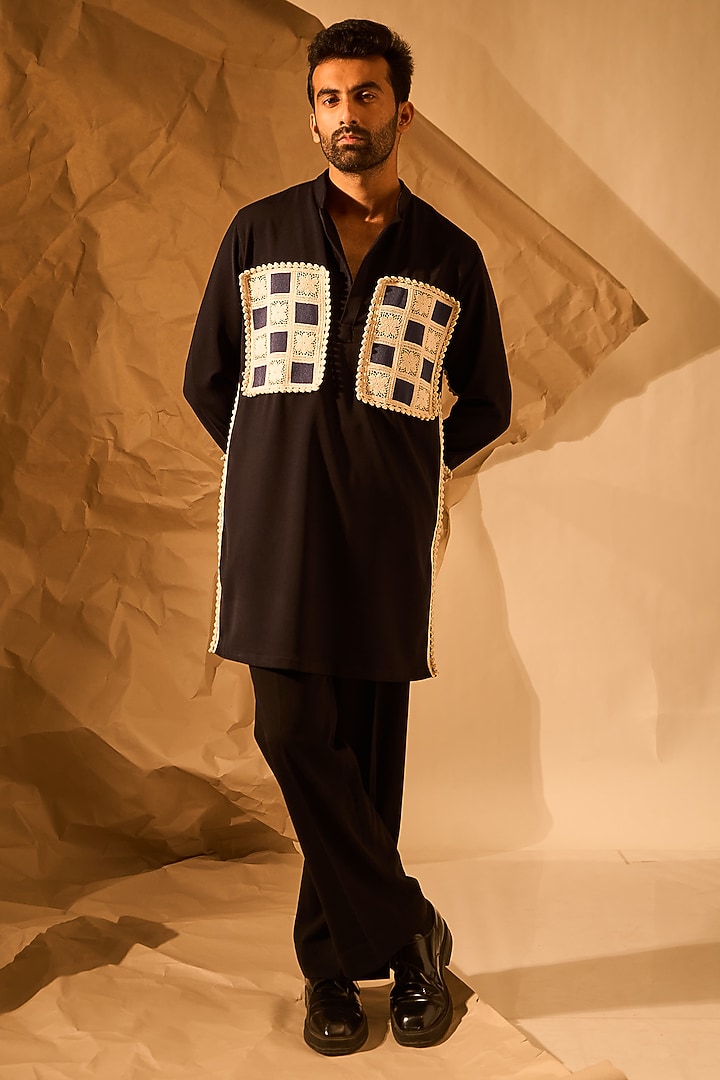 Navy Blue Lachka & Armani Fabric Handwork Kurta by Rohit Doshi at Pernia's Pop Up Shop