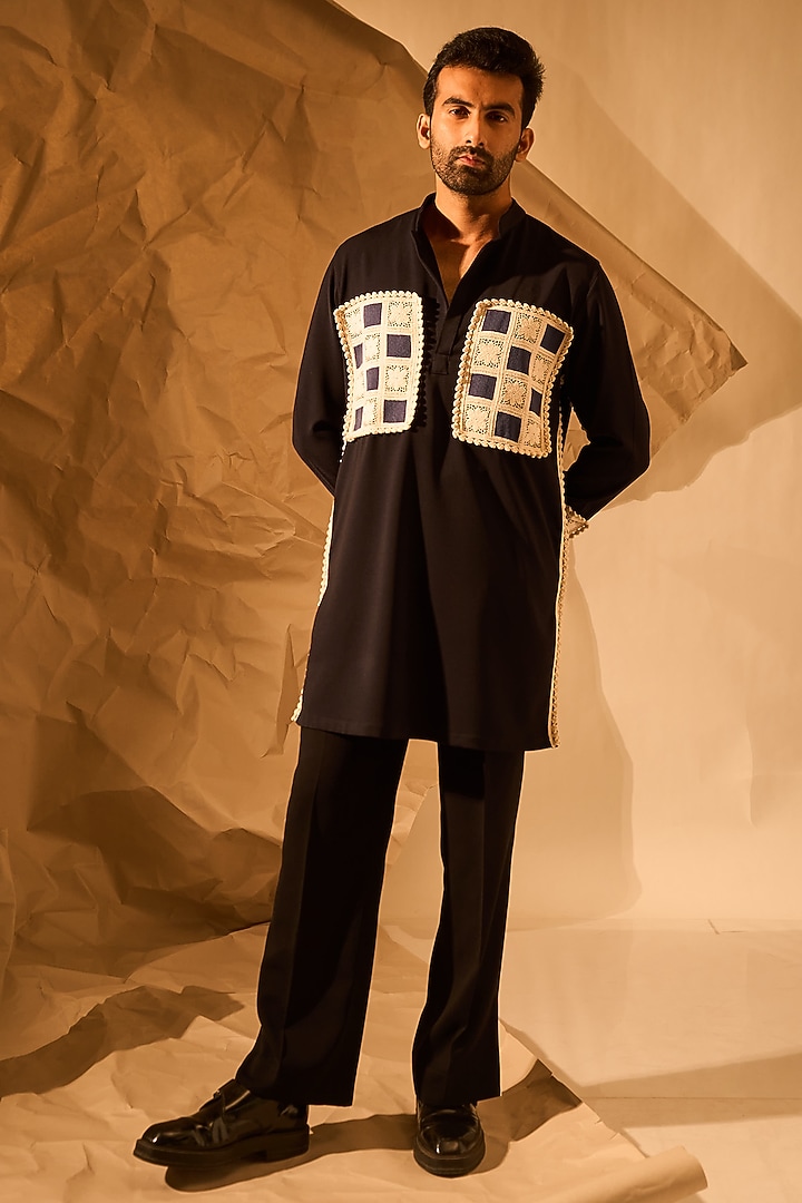 Navy Blue Lachka & Armani Fabric Handwork Kurta by Rohit Doshi at Pernia's Pop Up Shop