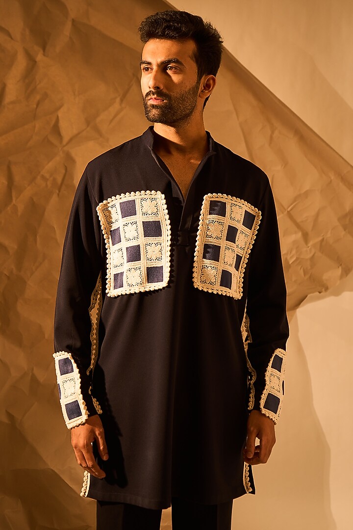 Navy Blue Lachka & Armani Fabric Handwork Kurta by Rohit Doshi at Pernia's Pop Up Shop