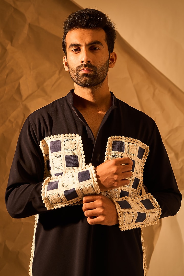 Navy Blue Lachka & Armani Fabric Handwork Kurta by Rohit Doshi at Pernia's Pop Up Shop