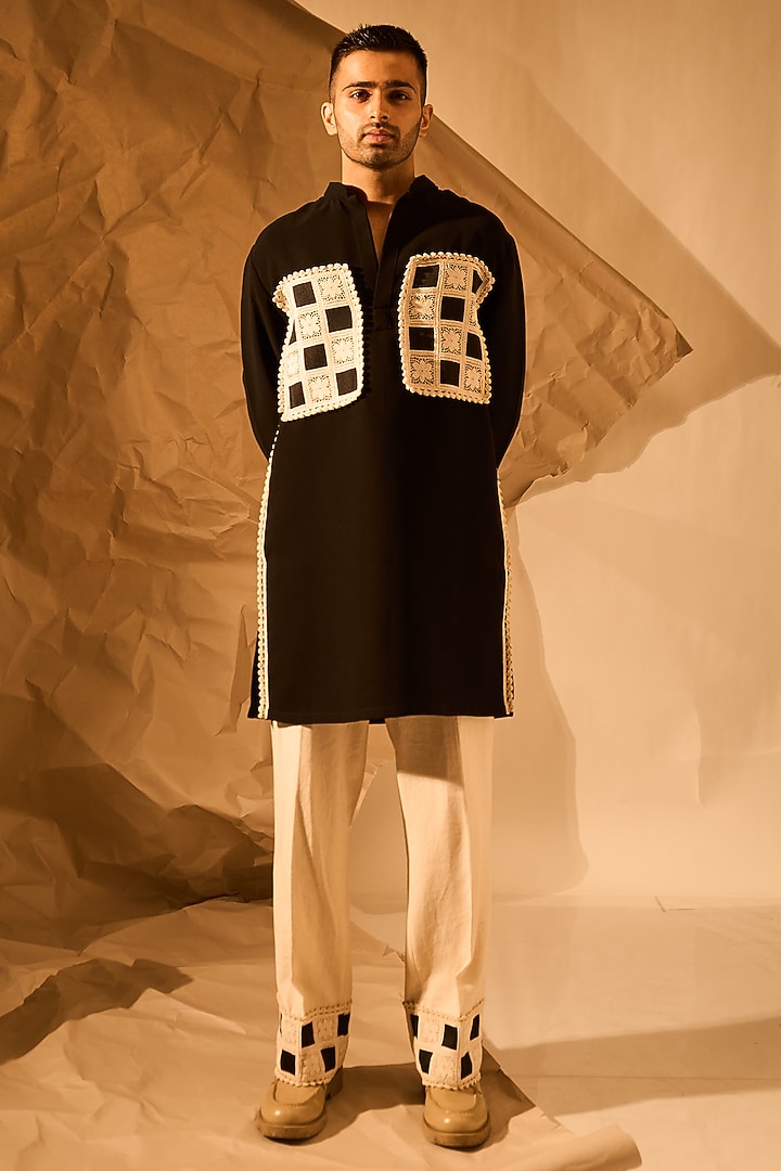 Black Crepe Handwork Kurta by Rohit Doshi at Pernia's Pop Up Shop