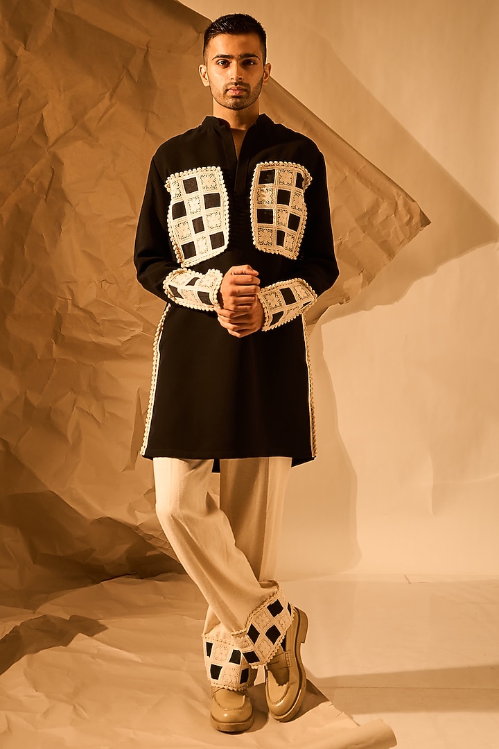 Black Crepe Handwork Kurta by Rohit Doshi at Pernia's Pop Up Shop