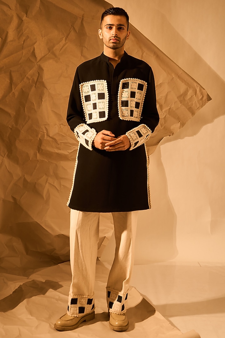 Black Crepe Handwork Kurta by Rohit Doshi at Pernia's Pop Up Shop