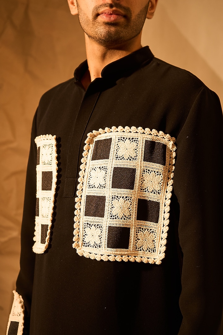 Black Crepe Handwork Kurta by Rohit Doshi at Pernia's Pop Up Shop