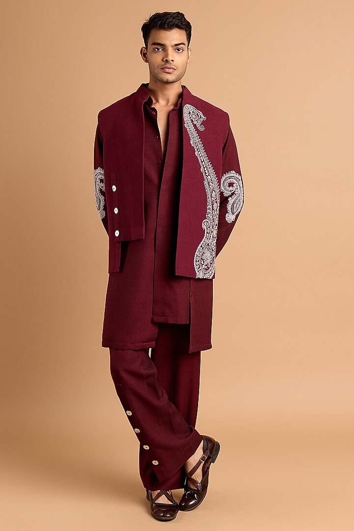 Maroon Cotton Matka Bundi Jacket Set by Rohit Doshi at Pernia's Pop Up Shop