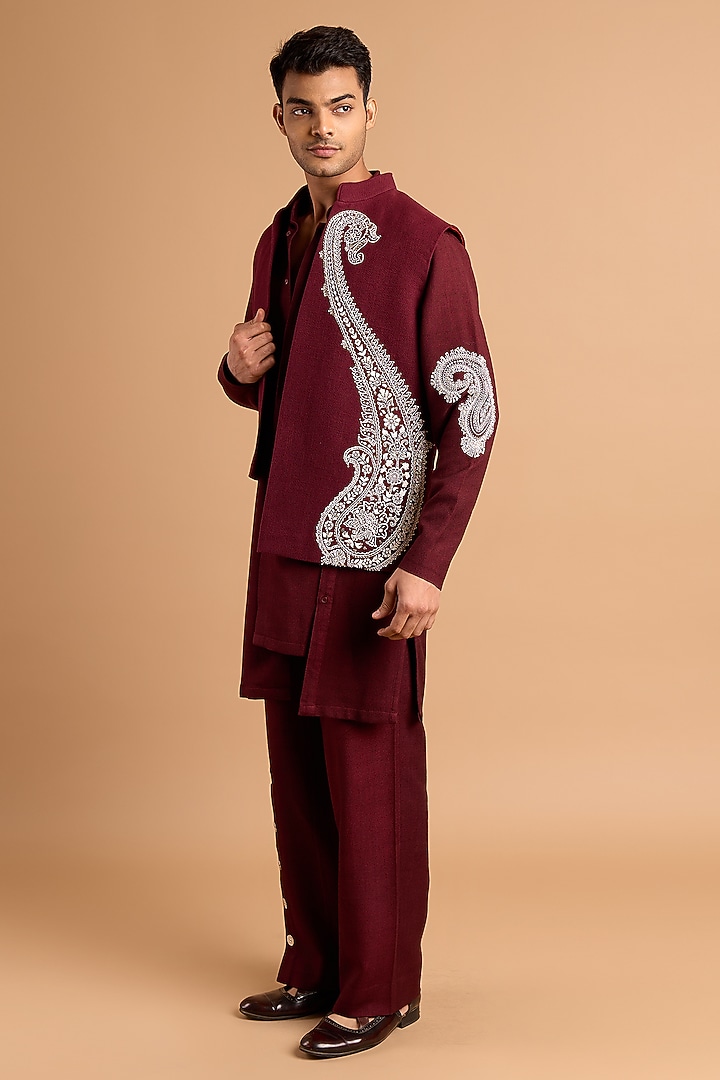 Maroon Cotton Matka Bundi Jacket Set by Rohit Doshi at Pernia's Pop Up Shop