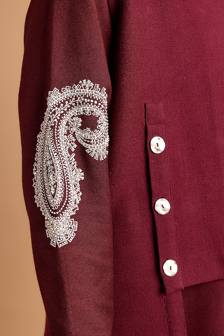 Maroon Cotton Matka Bundi Jacket Set by Rohit Doshi at Pernia's Pop Up Shop