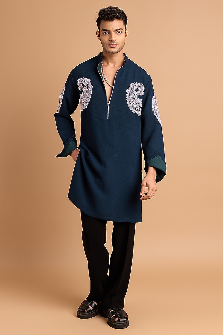 Bottle Green Knit Mukaish Embroidered Kurta by Rohit Doshi at Pernia's Pop Up Shop